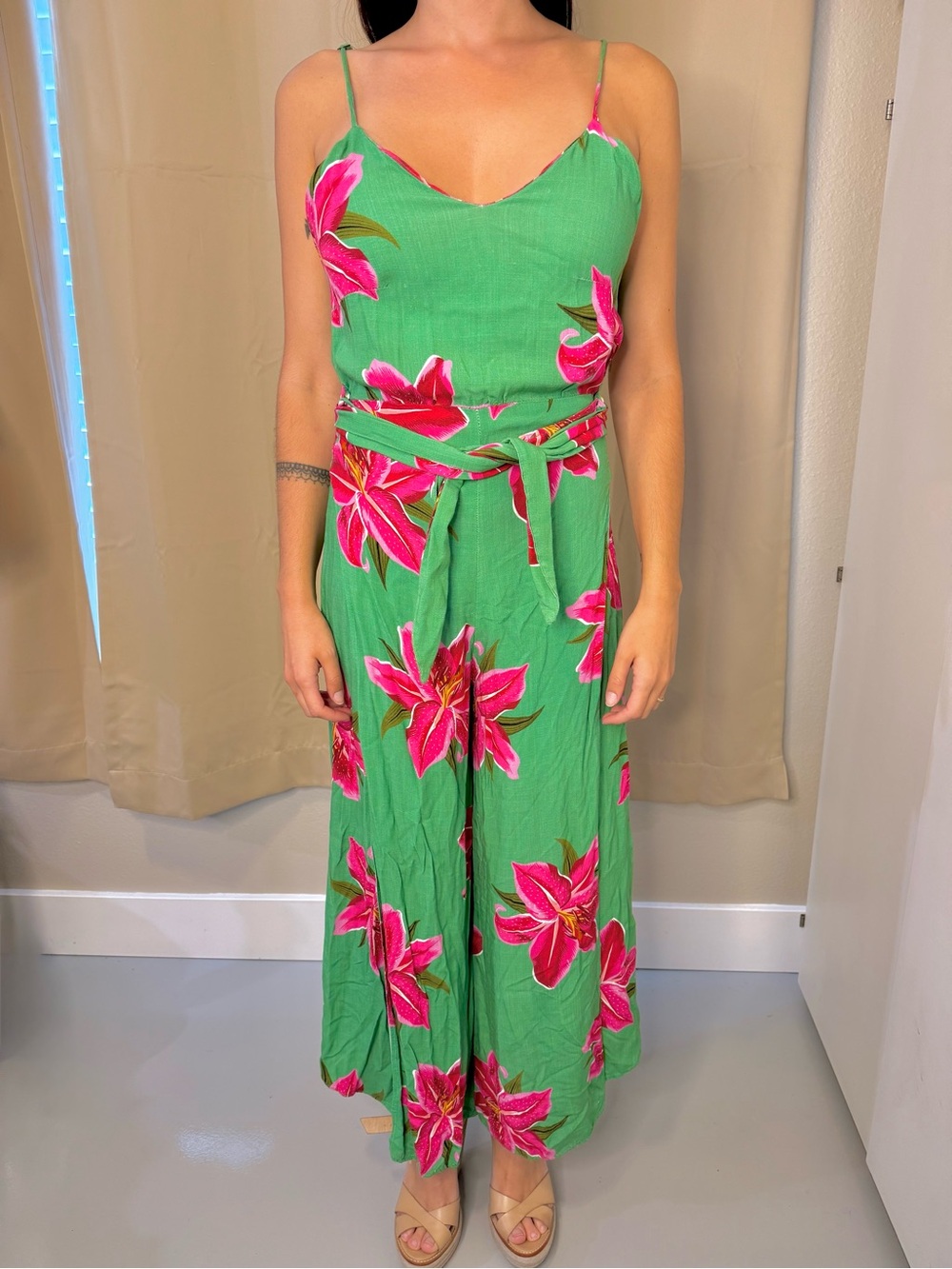 Farm Rio‎ Green Floral Wide Leg Jumpsuit with Spaghetti Straps